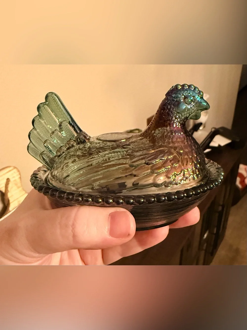 Iridescent Green Glass Hen on Nest Trinket Dish
